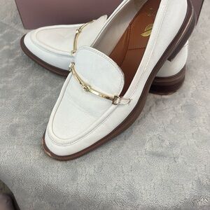 Franco Sarto White Leather Women’s Loafers with Gold Bit